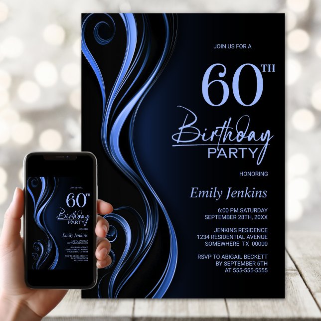 Modern Black Blue 60th Birthday Party Invitation (Creator Uploaded)
