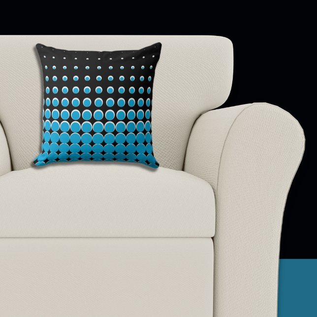 Modern Black & Blue Ascending Dots Cushion (Pillow, Black and Blue Halftone Pattern)