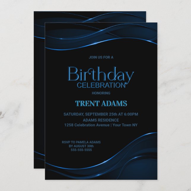 Modern Black Blue Birthday Party Invitation (Front/Back)