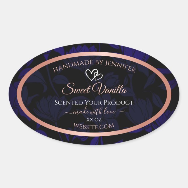 Modern Black Blue Floral Product Labels Rose Gold (Front)