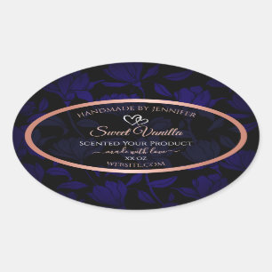 Modern Black Blue Floral Product Labels Rose Gold