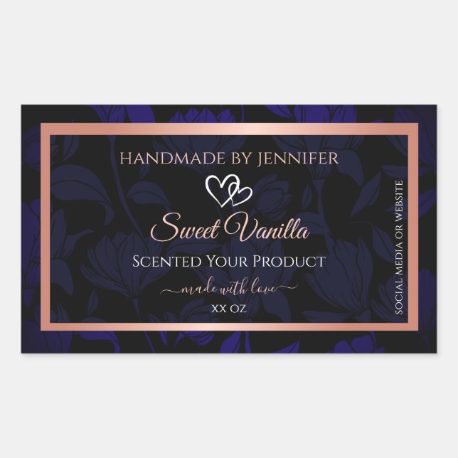 Modern Black Blue Floral Product Labels Rose Gold (Front)