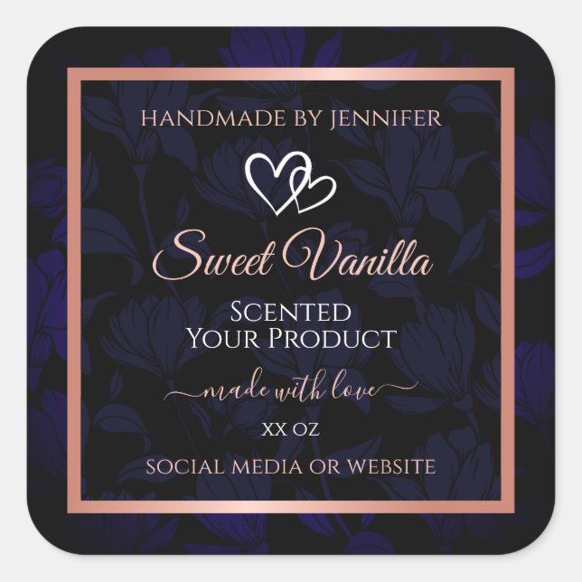 Modern Black Blue Floral Product Labels Rose Gold (Front)