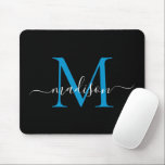 Modern Black Blue Monogram Elegant Girly Script Mouse Pad<br><div class="desc">Modern Black Ocean Bright Blue Monogram Elegant Girly Script Mouse Pad</div>