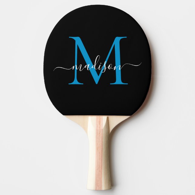 Modern Black Blue Monogram Elegant Script Name Ping Pong Paddle (Front)