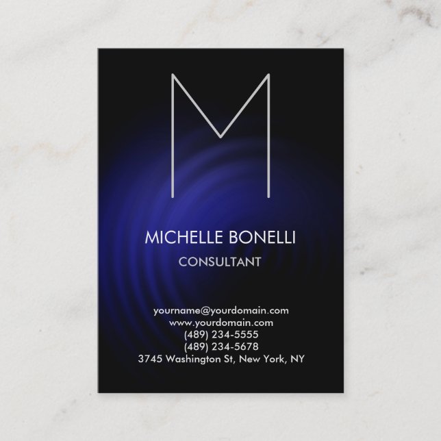 Modern black blue monogram pattern business card (Front)