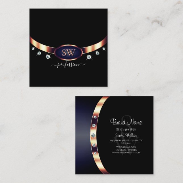 Modern Black Blue Rose Gold with Monogram Diamonds Square Business Card (Front/Back)