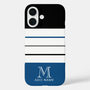 Modern Black Blue Stripes with Monogram Name iPhone 16 Case