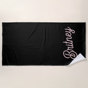 Modern Black Blush Dusty Pink Monogram Name Beach Towel