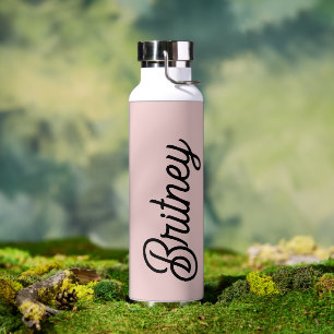 Modern Black Blush Dusty Pink Monogram Name Water Bottle