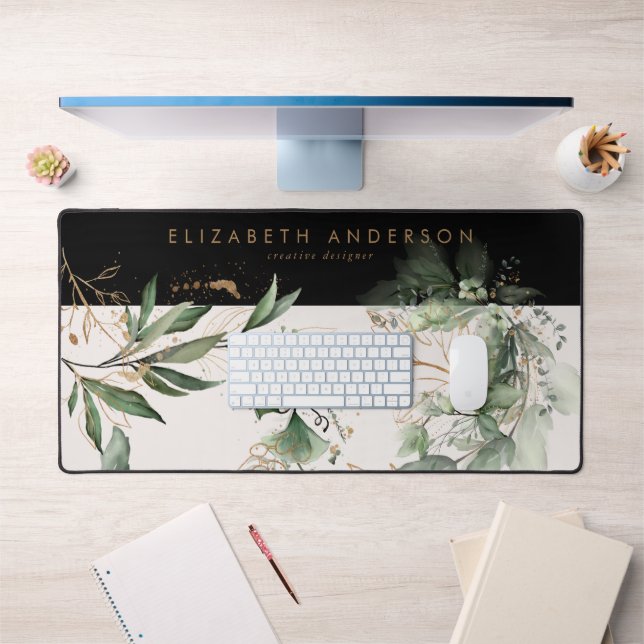 Modern Black Blush Gold Eucalyptus Corporate Large Desk Mat (Office 1)