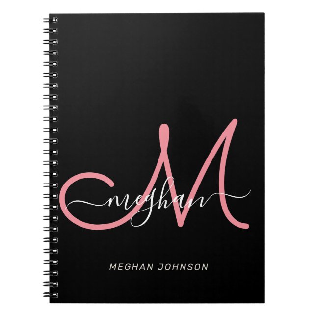 Modern Black Blush Pink Script Monogrammed Notebook (Front)