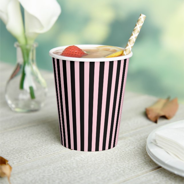 Modern Black & Blush Pink Striped Paper Cups (Insitu)
