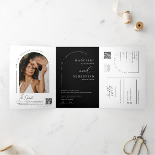 Modern Black Boho Arch Photo QR Code Wedding Tri-Fold Invitation