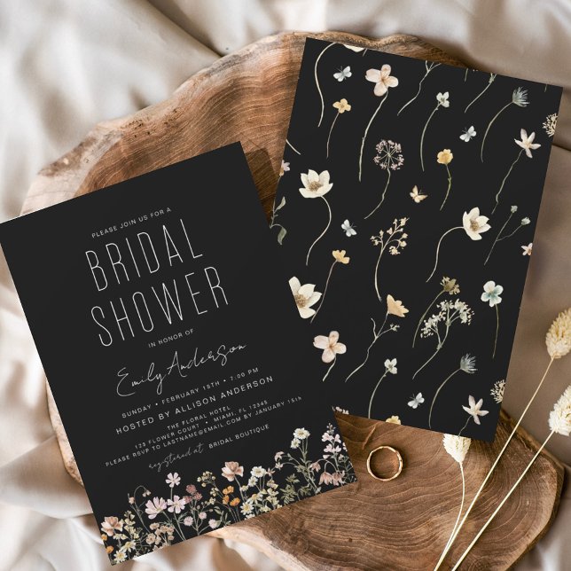 Modern Black Boho Wildflower Bridal Shower Elegant Invitation (Creator Uploaded)
