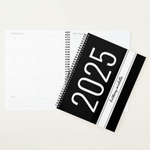 Modern Black Bold Simple Stripe Personalised 2025 Planner