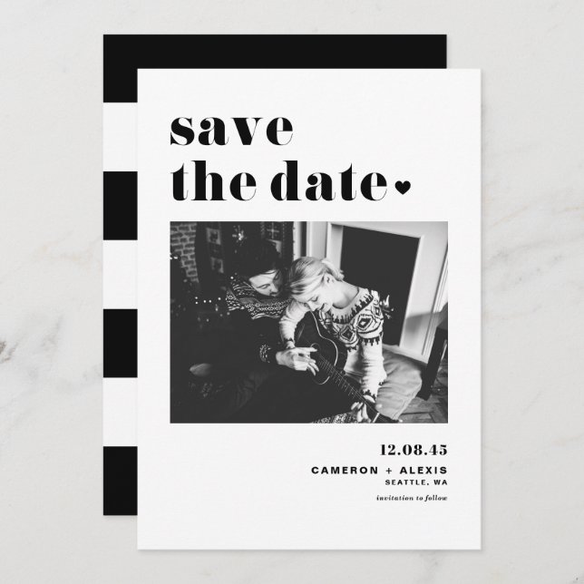 Modern Black Bold Typography with Heart Photo Save The Date (Front/Back)