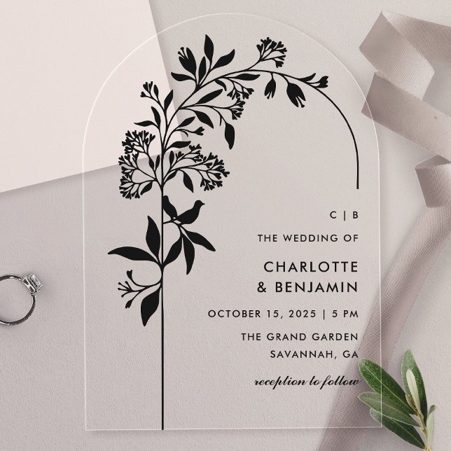Modern Black Botanical Arch Wedding Acrylic Invitations (Creator Uploaded)