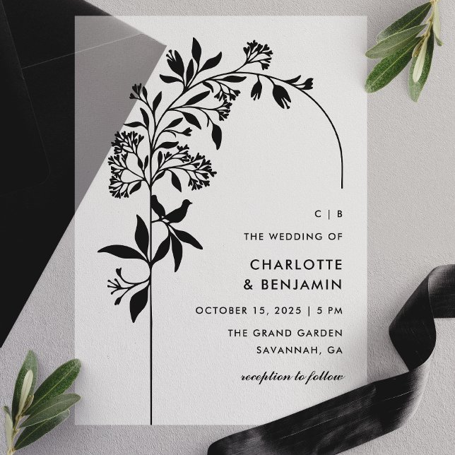 Modern Black Botanical Arch Wedding Vellum Invitations (Creator Uploaded)