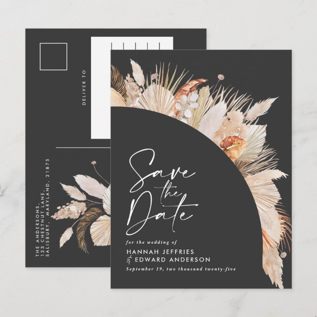 Modern black botanical elegant pampas grass announcement postcard (Front/Back)