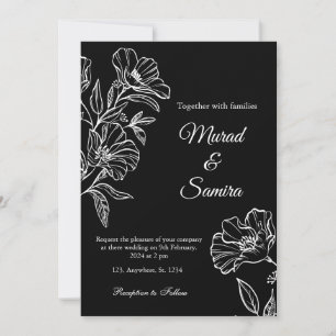 Modern Black Botanical Line Art Wedding Invitation