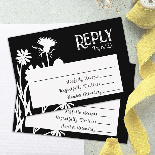 Modern Black Botanical RSVP Card (black floral rsvp, reply, response bat mitzvah rsvp enclosure card)