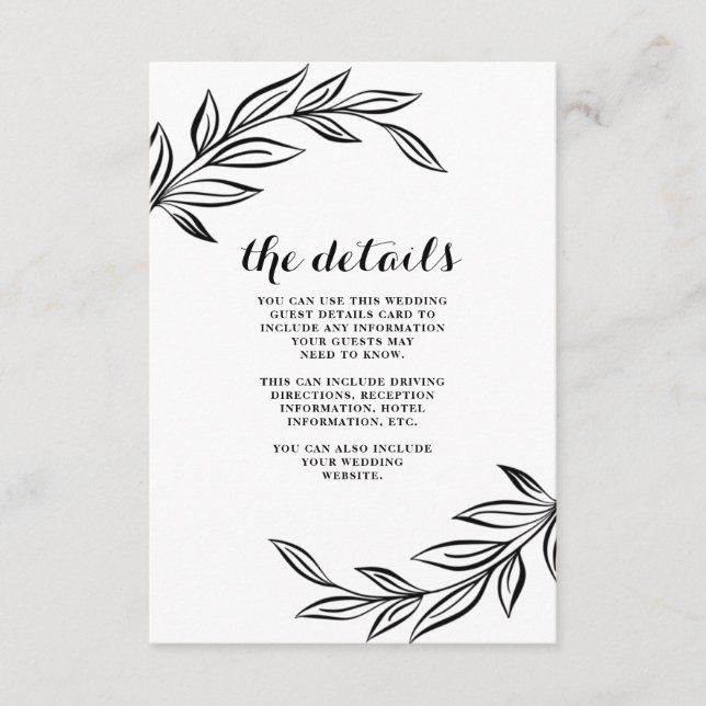 Modern Black Botanical Wedding Guest Details Card (Front)