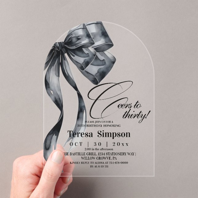 Modern Black Bow 30th Birthday  Acrylic  Invitations (Insitu (Handheld))