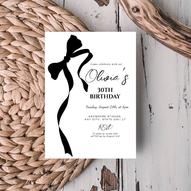 Modern black bow 30th birthday party invitation (Creator Uploaded)