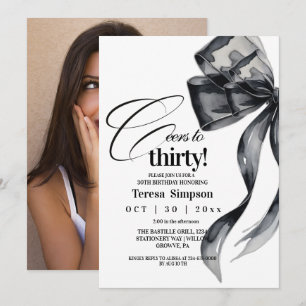 Modern Black Bow 30th Birthday Photo Invitation