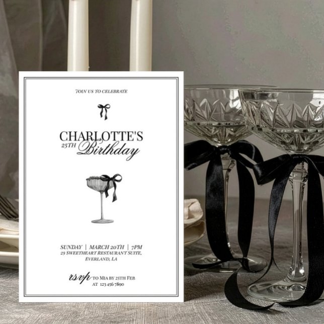 Modern Black Bow Champagne Birthday Invitation (Creator Uploaded)