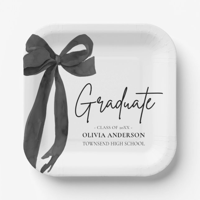Modern Black Bow Coquette Graduate Graduation Paper Plate (Front)