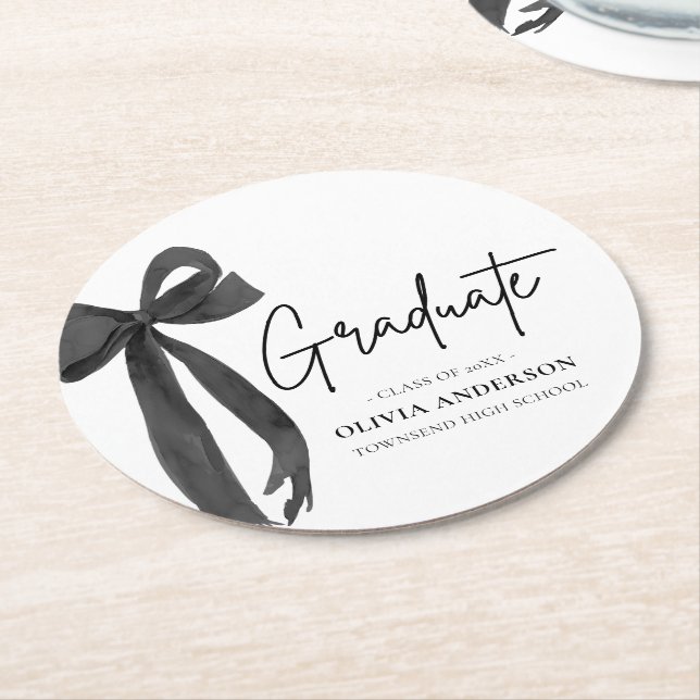 Modern Black Bow Coquette Graduate Graduation Round Paper Coaster (Angled)