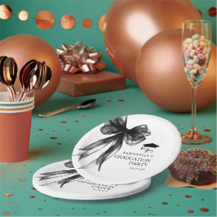 Modern Black Bow Graduation Party Paper Plate