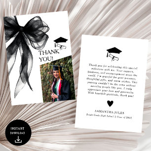Modern Black Bow Graduation Photo Thank You Card