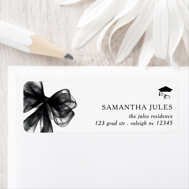 Modern Black Bow Graduation Return Address Label (Insitu)