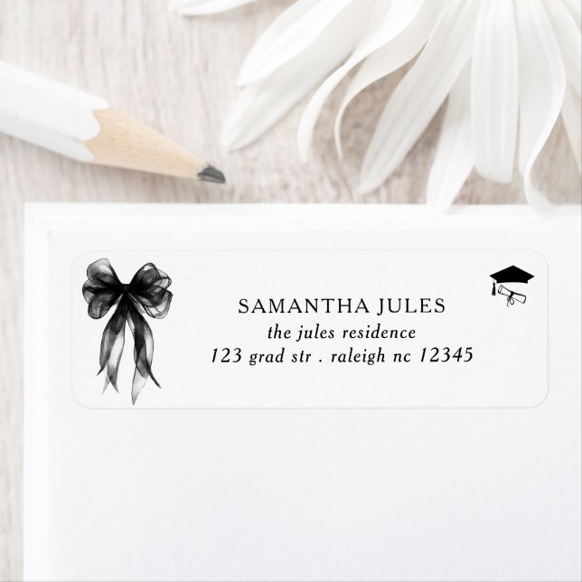 Modern Black Bow Graduation Return Address Label (Insitu)