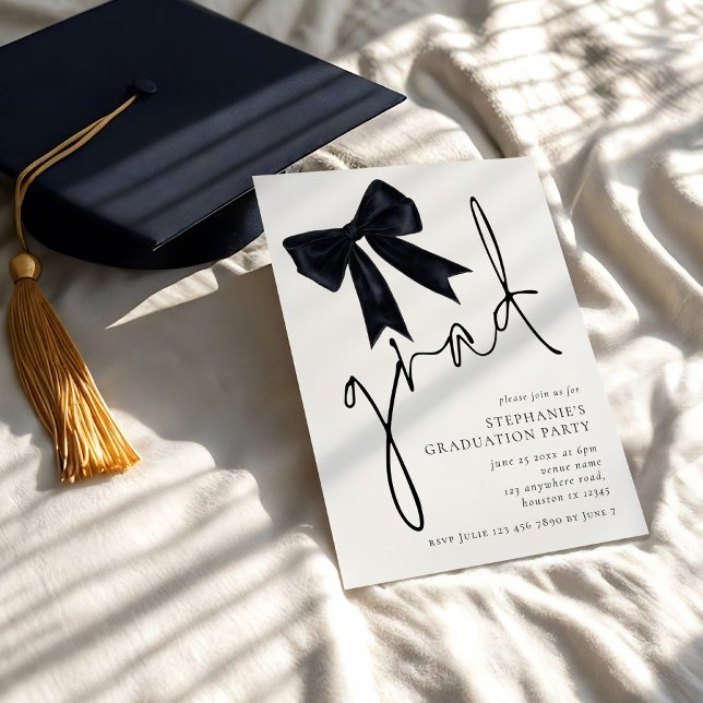 Modern Black Bow Script Grad Graduation  Invitation (Creator Uploaded)
