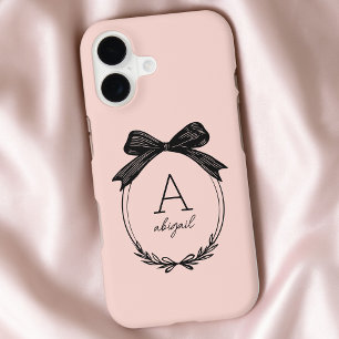 Modern Black Bow Stylish Girly Blush Pink Monogram