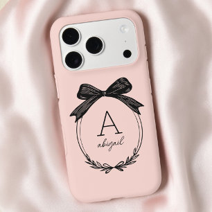 Modern Black Bow Stylish Girly Blush Pink Monogram