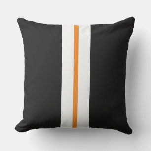 Modern Black Bright Orange White Racing Stripes  Cushion