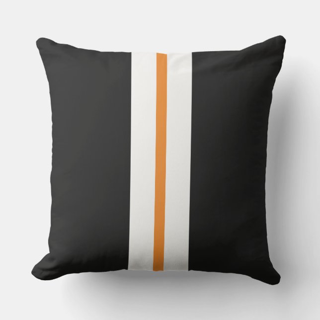 Modern Black Bright Orange White Racing Stripes  Cushion (Front)