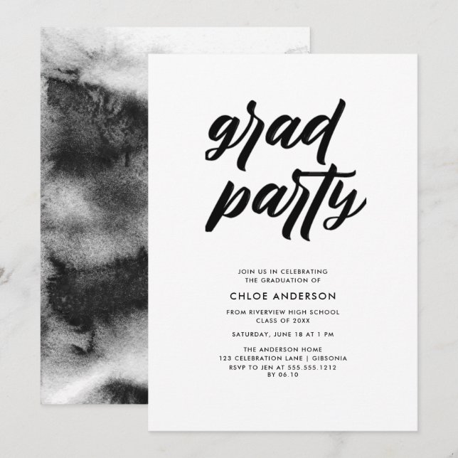 Modern Black Brush Script Photo Graduation Party  Invitation (Front/Back)