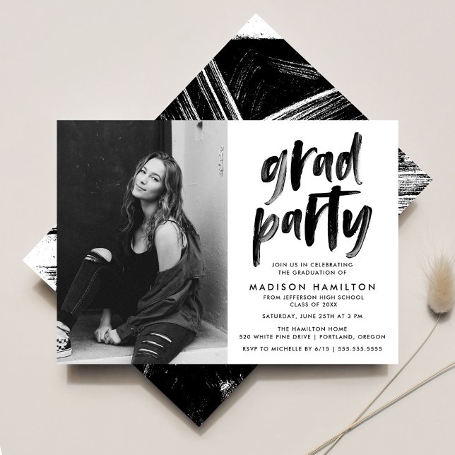 Modern Black Brush Script Photo Graduation Party Invitation (Creator Uploaded)