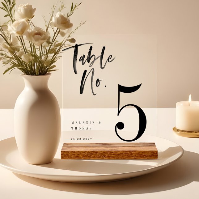 Modern Black Brush Script Wedding Table Number Acrylic Sign (Modern Black Brush Script Wedding Table Number Acrylic Sign)