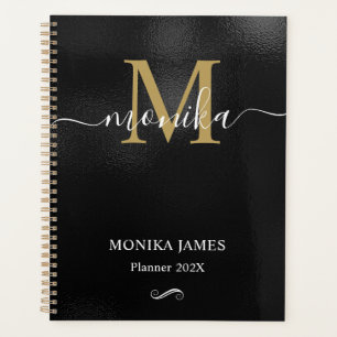 Modern Black Brushed Metal Gold Monogram Planner