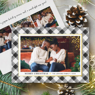 Modern Black Buffalo Plaid Christmas Photo Foil Holiday Card