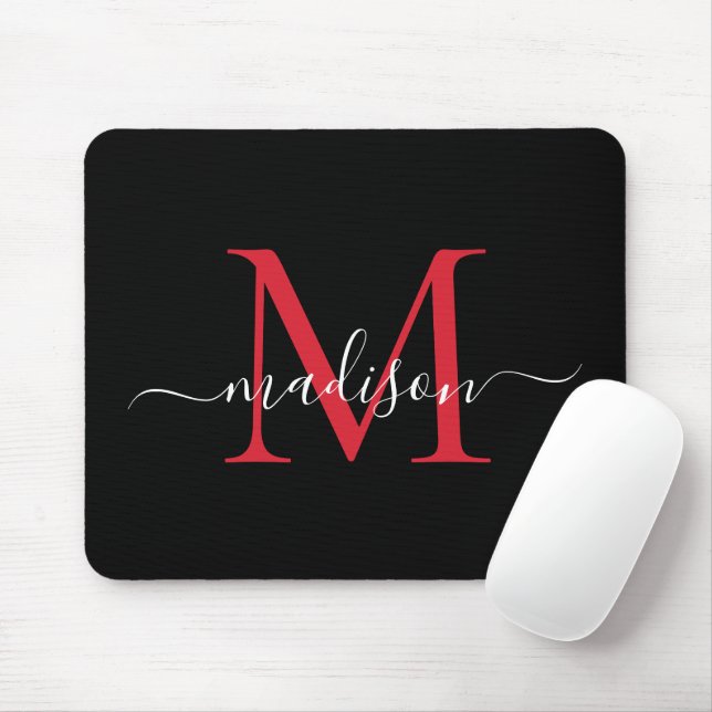 Modern Black Burgundy Red Monogram Girly Script Mouse Pad (With Mouse)