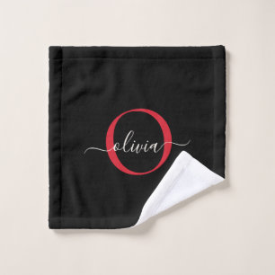 Modern Black Burgundy Red Monogram Script Name Bath Towel Set