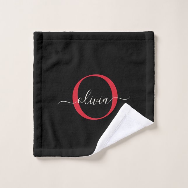 Modern Black Burgundy Red Monogram Script Name Bath Towel Set (Wash Cloth)